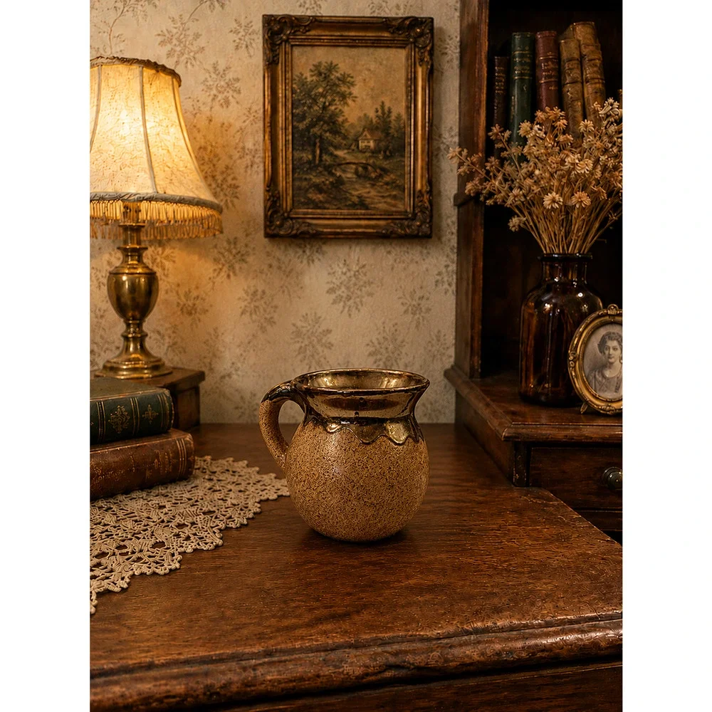Vintage Mid-Century Mini Studio Pottery – Handmade Brn/Gld Drip Glaze Stoneware